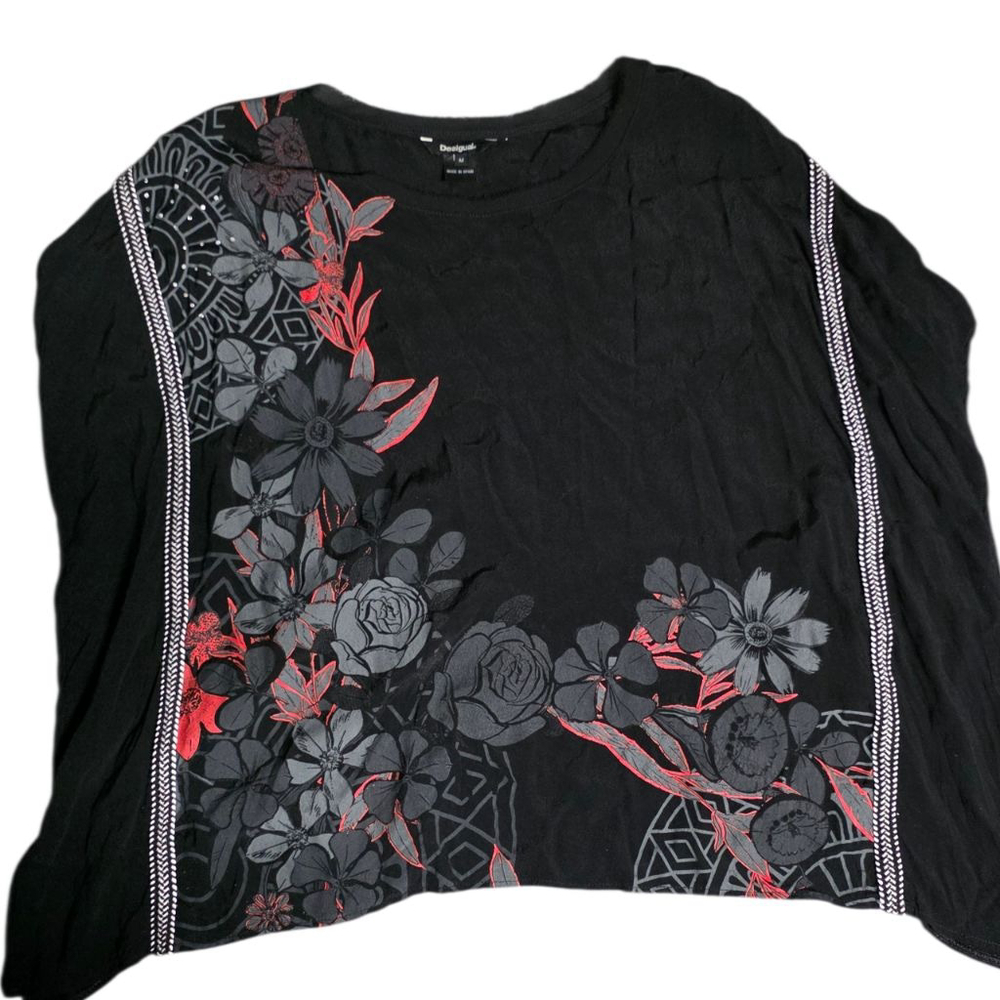 Desigual Black Floral Embroidered Knit Top Coral Red Accent Boho Artistic Size‎